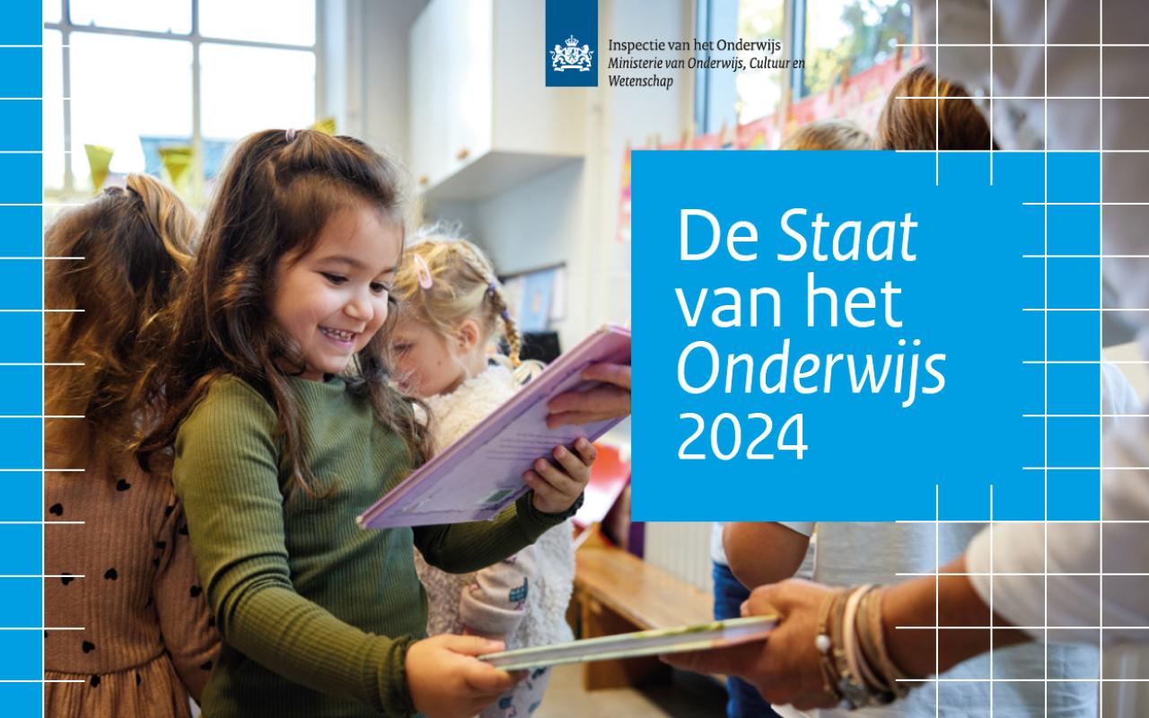 voorkant van de staat van het onderwijs 2024 met een foto met een kind die uit een schrift leest